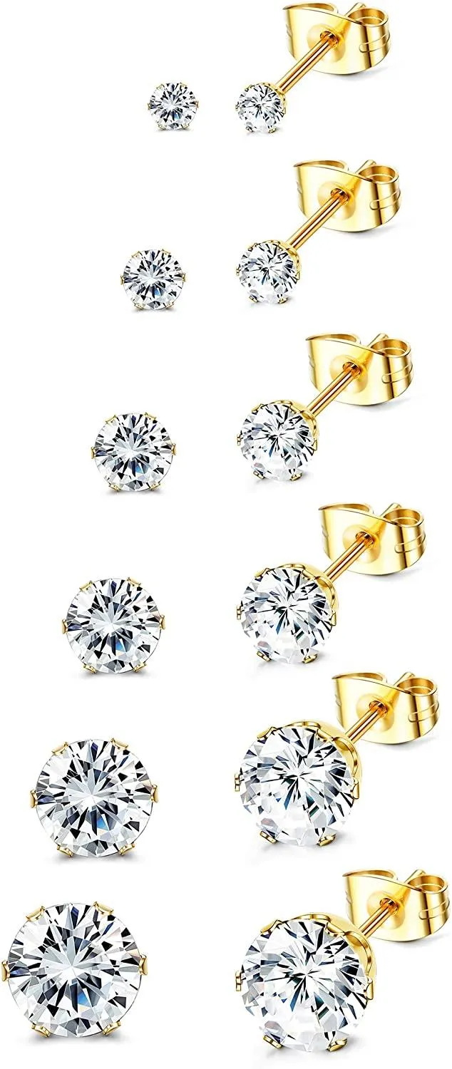 6Pairs Cubic Zirconia Stud Earrings for Men Women Hypoallergenic Stainless Steel Round CZ Stud Eearrings 3-8MM - Grocery