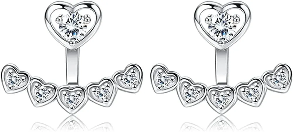 Ear Jacket Earrings for Women Sterling CZ Stud Earrings with 2pairs Ear Posts Heart Cubic Zirconia Chic Earrings - Grocery