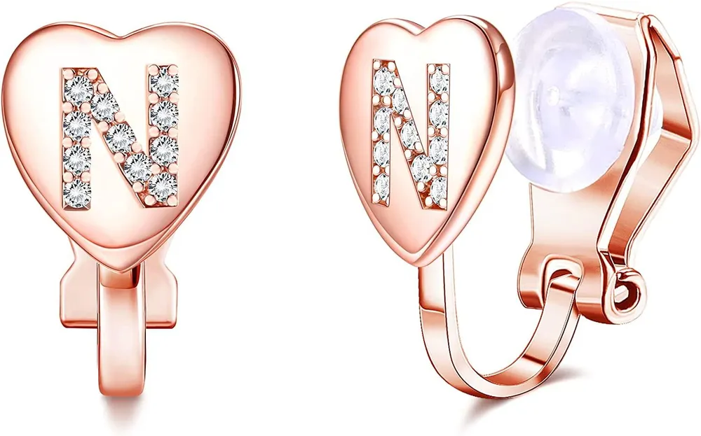 Heart Initial Clip on Stud Earrings for Women Rose Gold Plated Dainty Alphabet Letters Stud Earrings Non Pierced Stud Earrings - Grocery