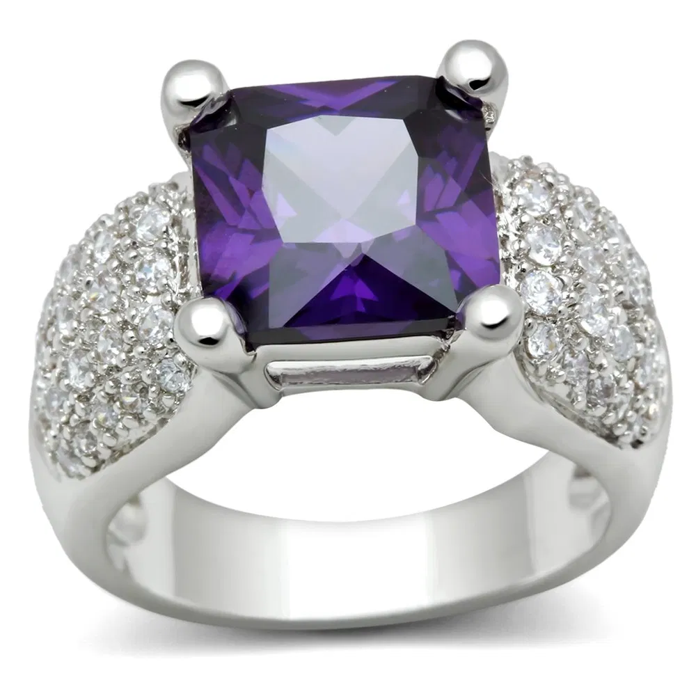 3W148 - Rhodium Brass Ring with AAA Grade CZ in Amethyst - Grocery