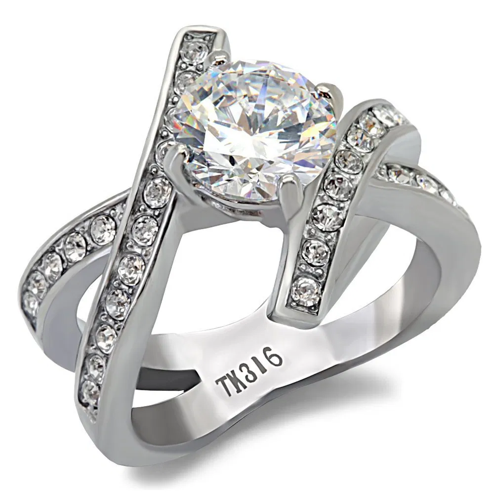 TK169 - High polished (no plating) Stainless Steel Ring with AAA Grade CZ in Clear - Grocery