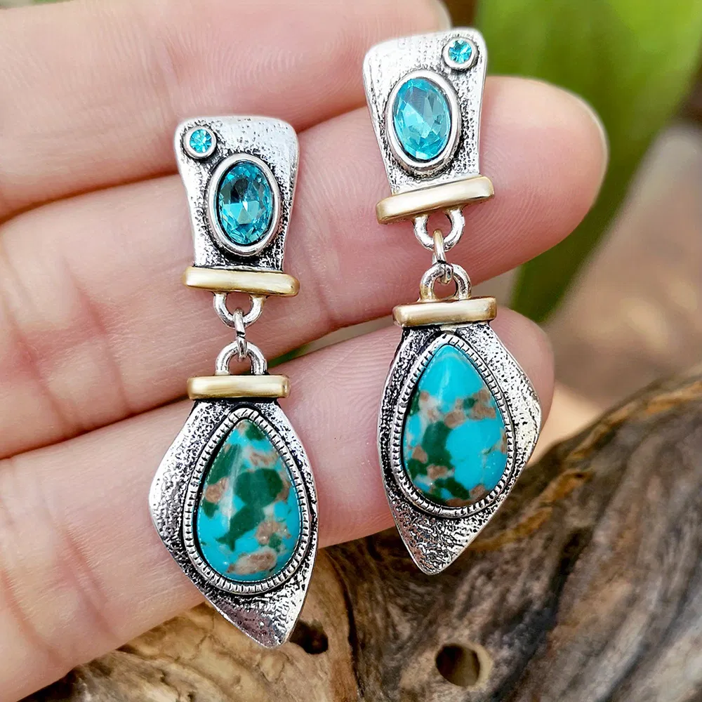 Luxury Ancient Silver Colorful Turquoise Earrings High-end 925 Silver Plated Ear Jewelry - Grocery