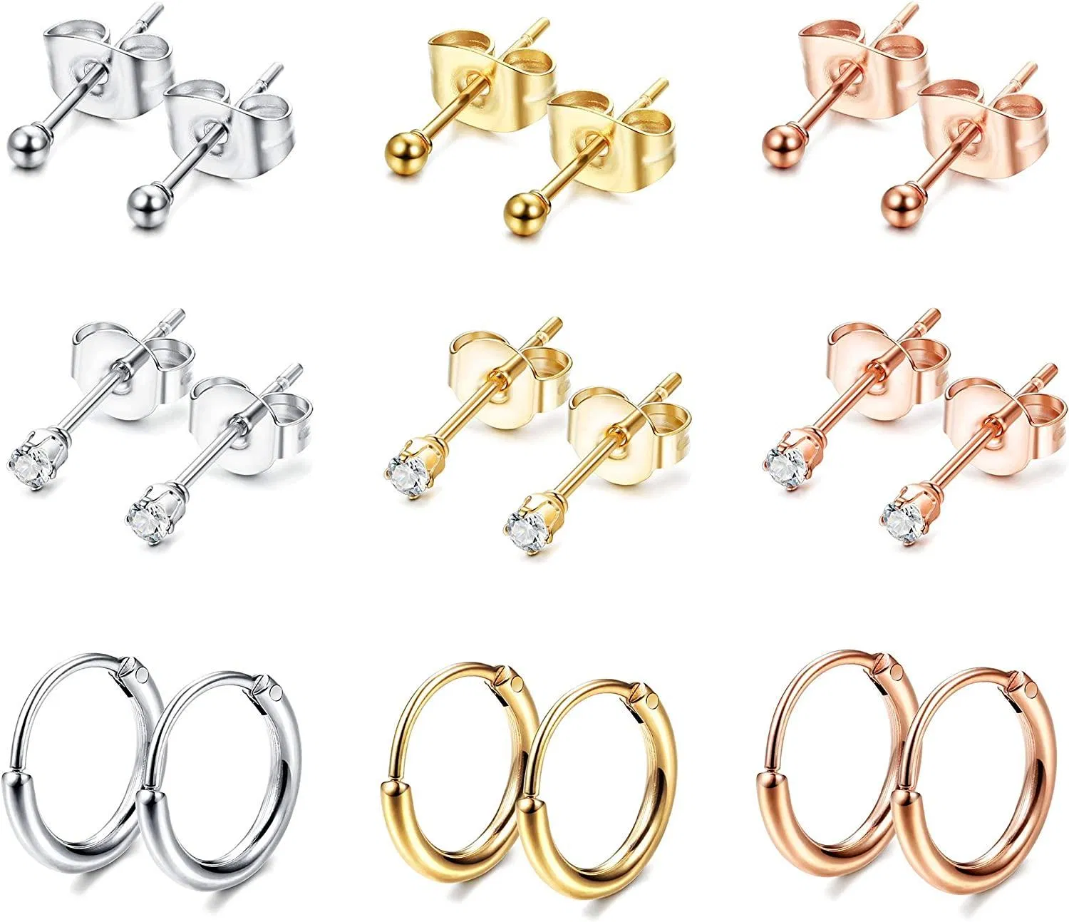 Stainless 2mm Tiny Stud Earrings for Women Mens Endless Hoops CZ Balls Cartilage Earrings Set 20G - Grocery