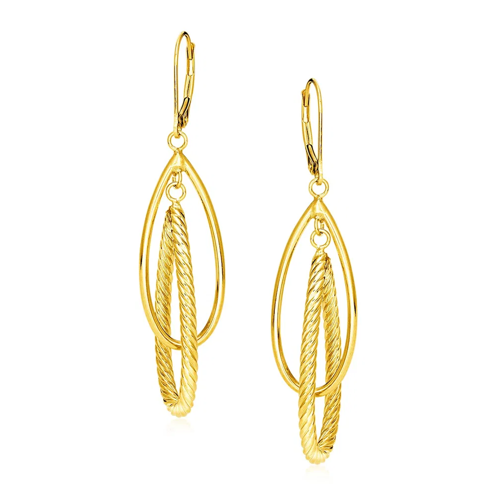 14k Yellow Gold Earrings with Shiny and Textured Teardrop Dangles - Grocery