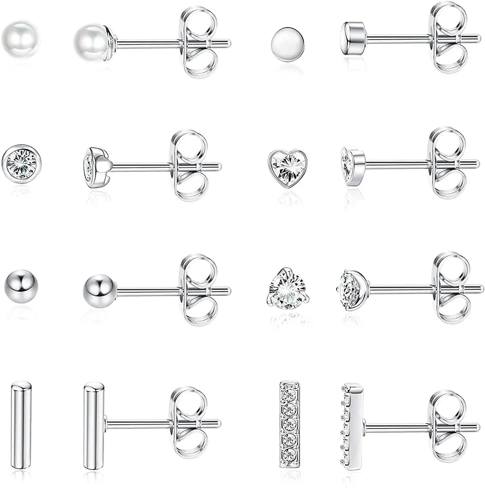 S925 Sterling Silver Post CZ Stud Earrings Set for Women Mens Cute Triangle/Circle/Bar/Pearls/Ball Tiny Stud Earring Women Jewelry Gifts - Grocery