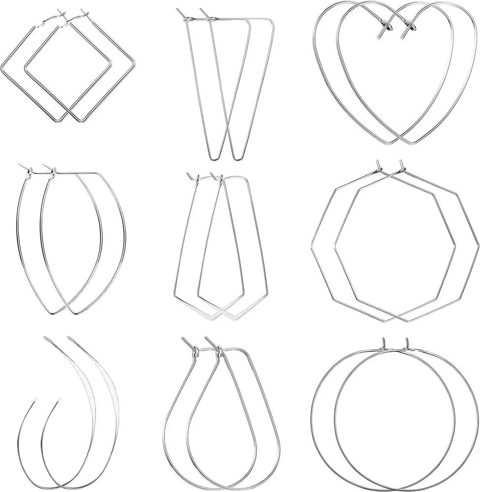 Big Hoop Dangle Earring for Women Stainless Heart Square Earring Thin Geometric Hoop Earrings Set 9 Pairs - Grocery