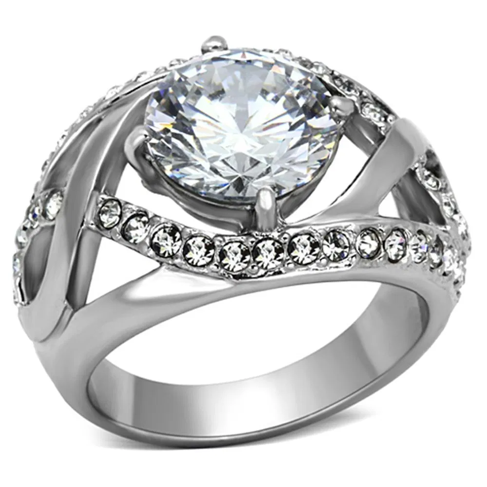 TK1176 - High polished (no plating) Stainless Steel Ring with AAA Grade CZ in Clear - Grocery