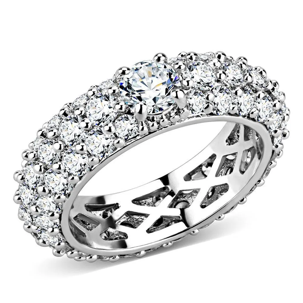 3W1534 - Rhodium Brass Ring with AAA Grade CZ in Clear - Grocery