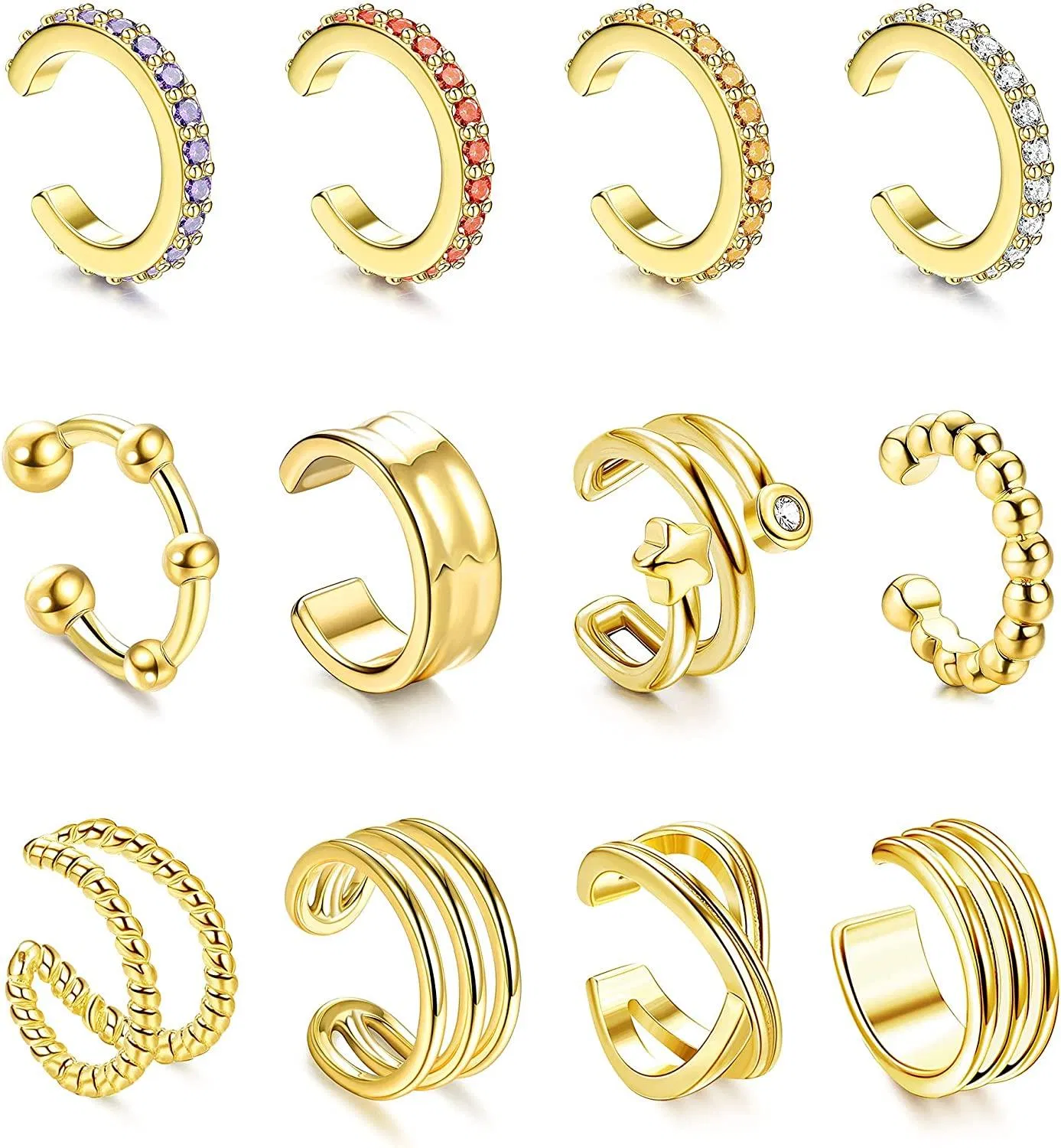 12Pcs Adjustable Sparkling Ear Cuffs Gold Dainty Non-Piercing Ear Cuffs Cartilage Clip On Wrap Earring Set for Women - Grocery