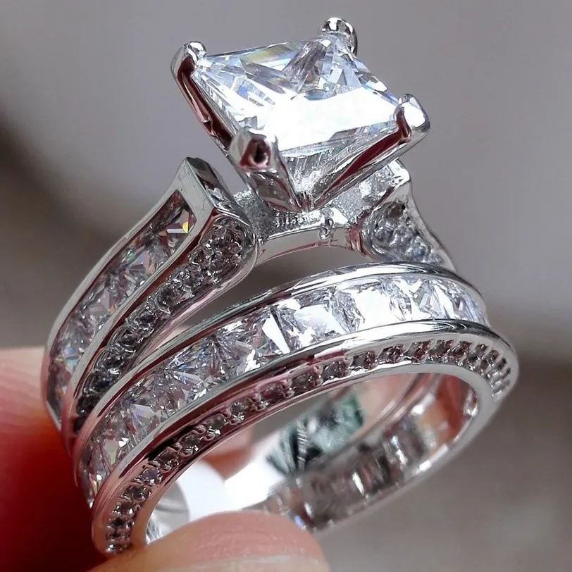 New Style Charm Couple Rings His Her Silver Color Princess Cut CZ Anniversary Promise Wedding Engagement Ring Sets - Grocery