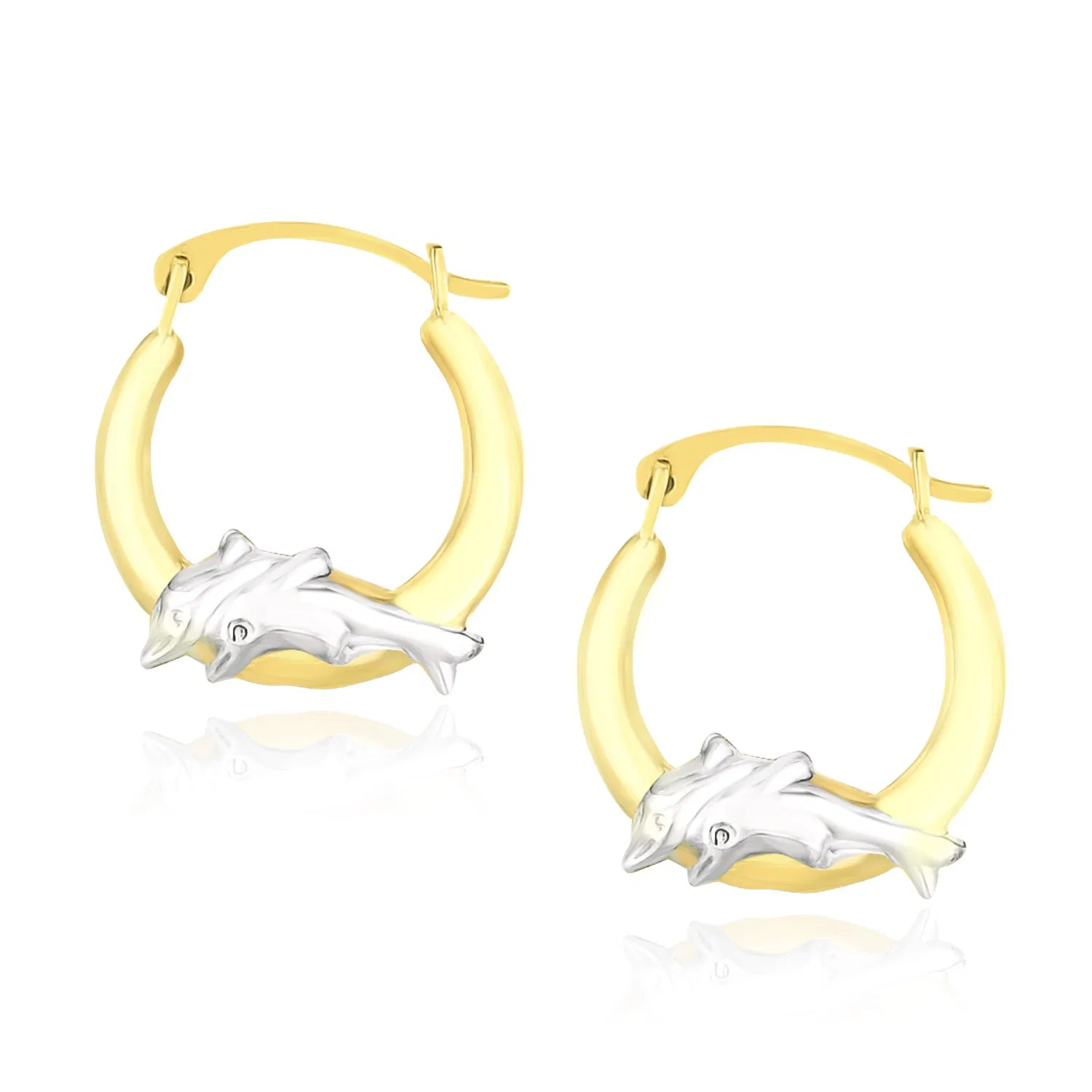 10k Two-Tone Gold Round Graduated Dolphin Design Hoop Earrings - Grocery