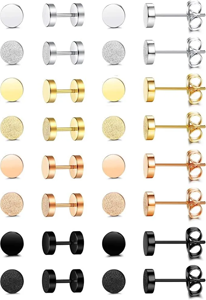 16 Pairs Stainless Round Flat Stud Earrings for Men Women Cartilage Barbell Earrings Plugs Tunnel Ear Piercing - Grocery