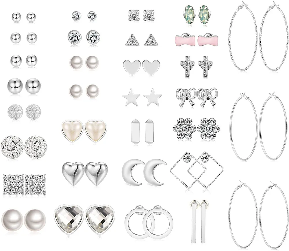 32 Pairs Assorted Multiple Stud Earrings for Women Simple Cute Big Hoop Earrings Set - Grocery