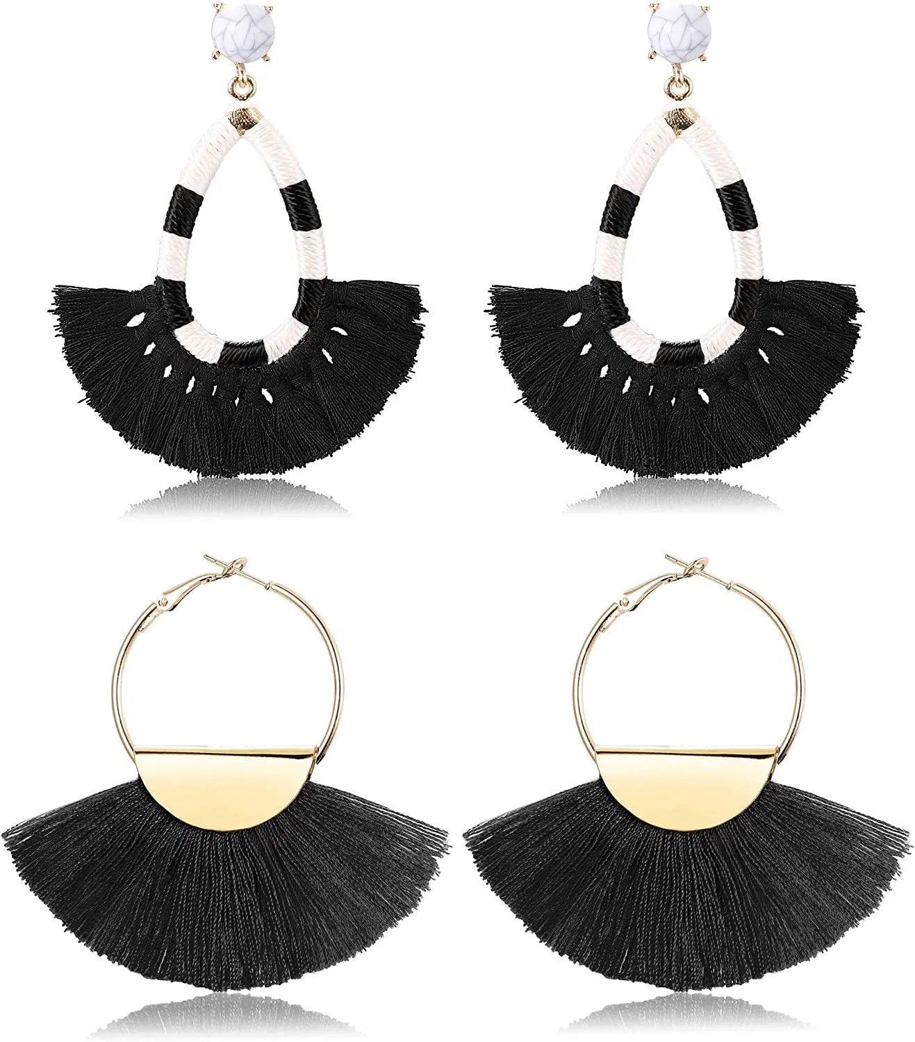 2 Pairs Women's Beaded Tassel Earrings Long Fringe Drop Bohemian Dangle Earrings - Grocery