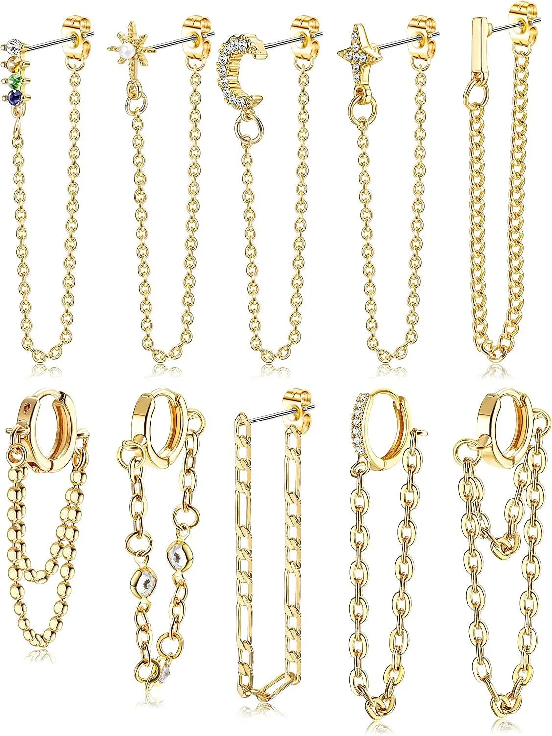 10Pcs Chain Stud Hoop Earrings for Women Tassel Chain Drop Dangle Small Hoop Earrings Set Stainless Huggie Wrap Earrings with Chain - Grocery
