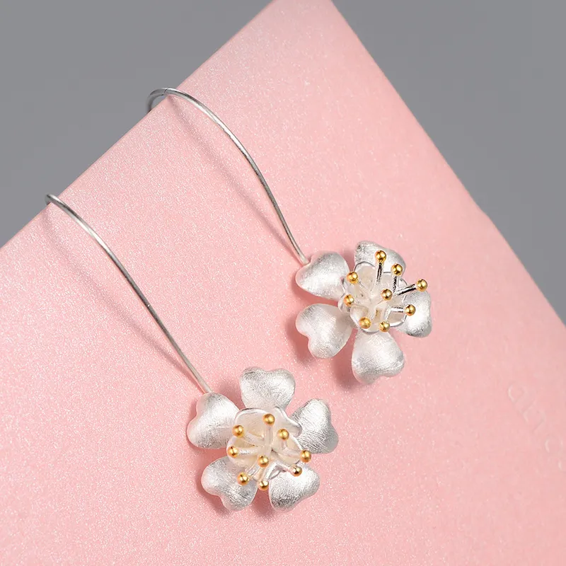 Long Jewelry Craft Flower Gold-plated S925 Sterling Silver Earrings - Grocery