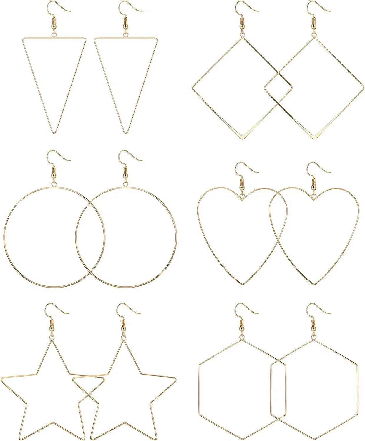 6 Pairs Wire Dangle Earrings Circle Heart Star Triangle Minimalist Fishhook Drop Earrings for Women Lightweight Stainless Steel Earrings Set - Grocery