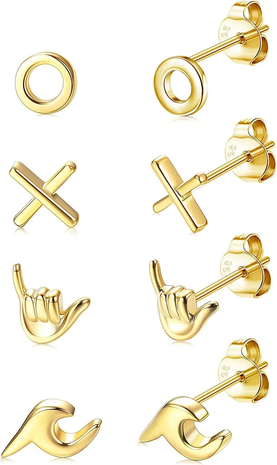 6 Pairs 18K Gold Plated Sterling Silver Stud Earrings Set for Women Hypoallergenic Stud Earrings Cute Hand XO Minimalist Cartilage Earrings - Grocery