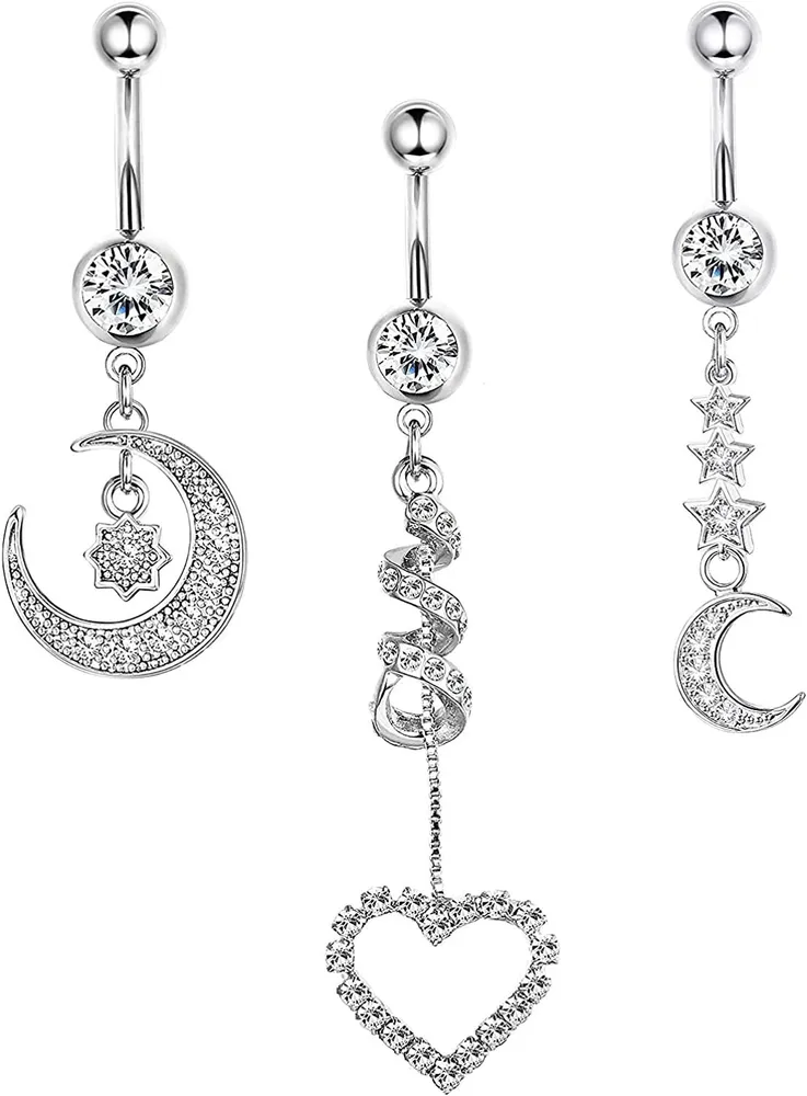 14G Belly Button Rings Dangle for Women Surgical Curved Navel Rings Barbell Clear CZ Body Piercing Jewelry - Grocery
