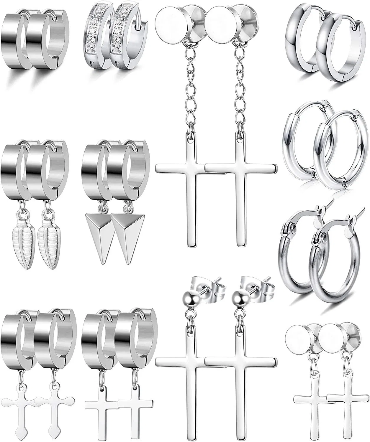 12Pairs Stainless Earrings for Men Women Stud Earrings Huggie Hoop Earrings Set Hinged Hoop Dangle Cross Earrings - Grocery