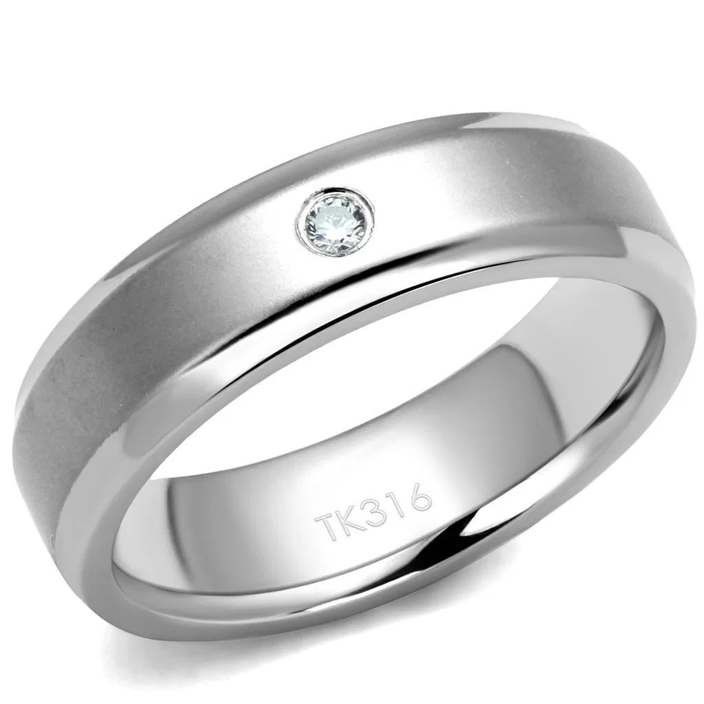 TK2934 - High polished (no plating) Stainless Steel Ring with AAA Grade CZ in Clear - Grocery