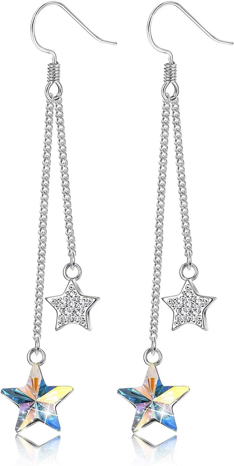925 Sterling Silver Austria Crystals Blue Star Drop Dangle Earrings for Women 18K Platinum Plated Aurora Crystal Star Tassel Earrings - Grocery