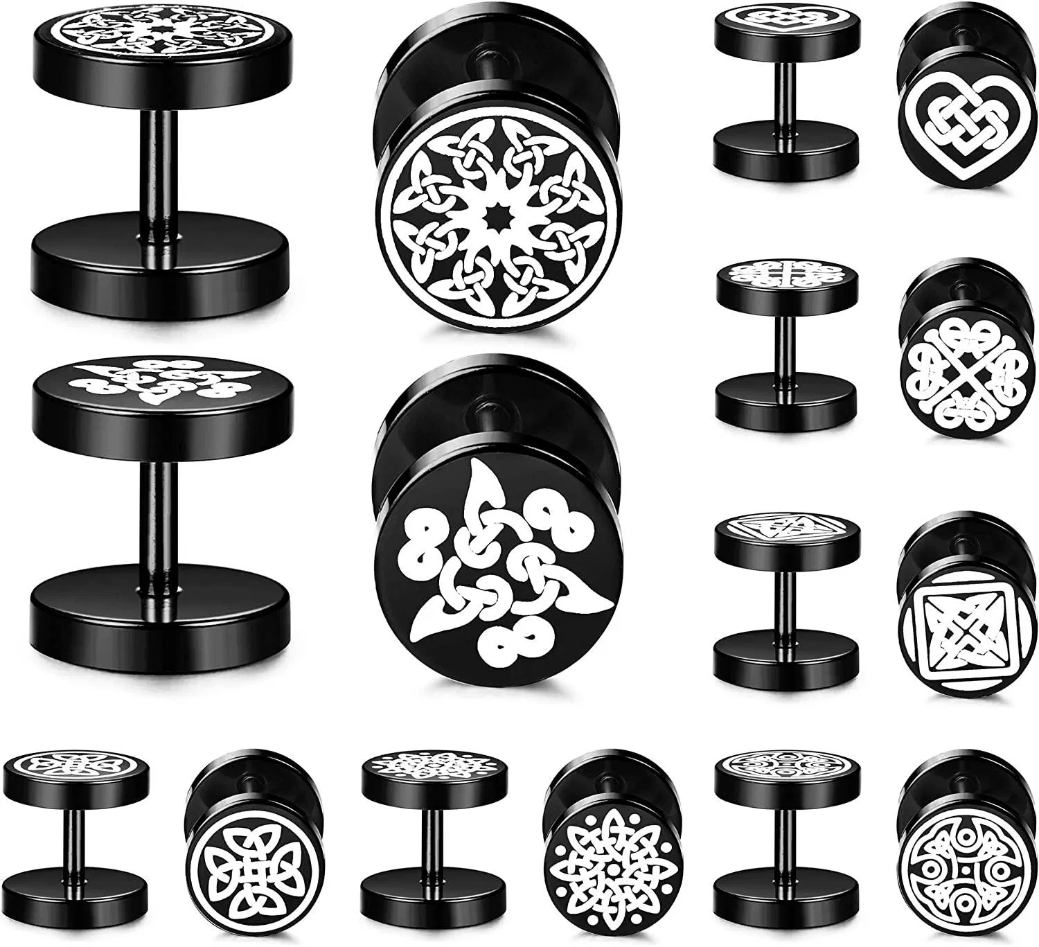Fake Gauge Celtic Knot Symbol Stud Earrings Men Women; Stainless Ear Piercing Tunnel; Fake Ear Plugs Screw Back Earrings; 8 Pairs - Grocery