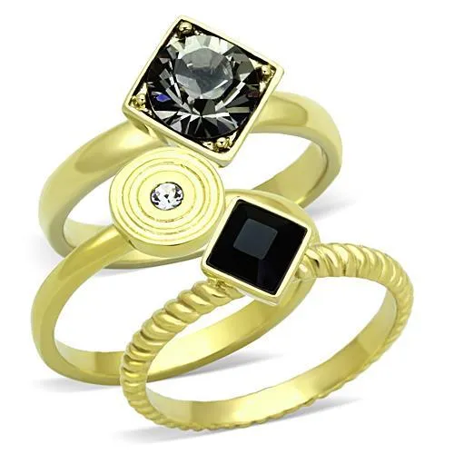 TK1417 - IP Gold(Ion Plating) Stainless Steel Ring with Top Grade Crystal in Jet - Grocery