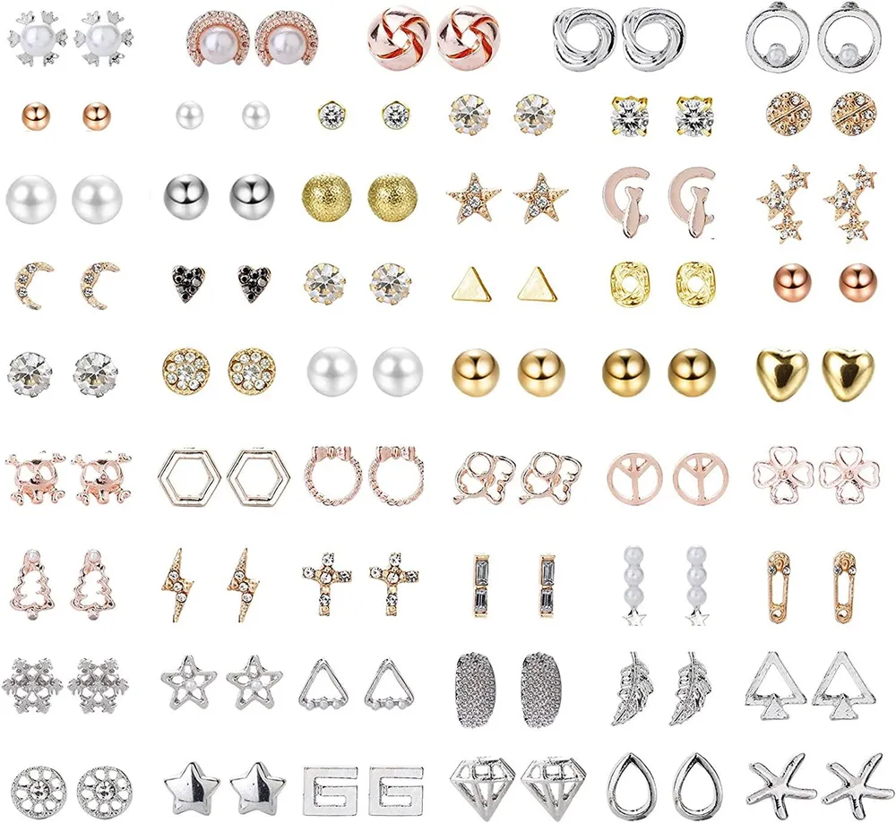 53 Pairs Assorted Multiple Stud Earrings Set for Women Triangle Square Circle Bar Star Moon Geometric Leaf Arrow Bow CZ Ball Faux Pearl Earrings Set - Grocery