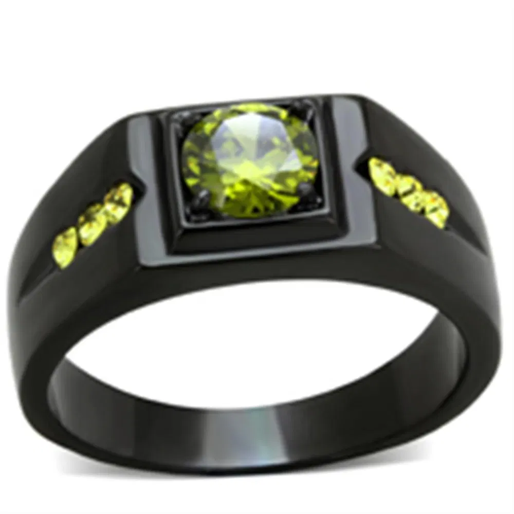 TK1928 - IP Black(Ion Plating) Stainless Steel Ring with AAA Grade CZ in Olivine color - Grocery