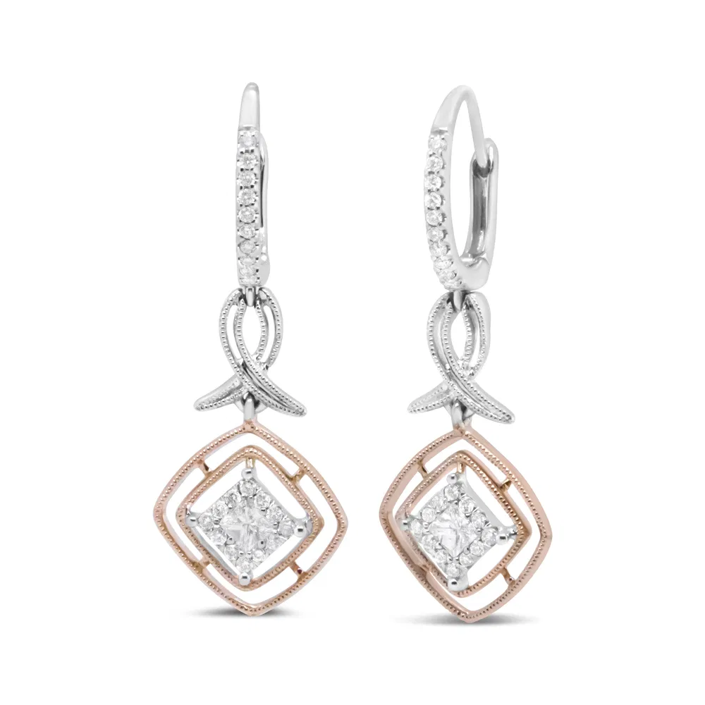 14K White and Rose Gold 1/2 Cttw Round and Princess-Cut Diamond Openwork Marquise Ribbon Dangle Earring (G-H Color, SI2-I1 Clarity) - Grocery