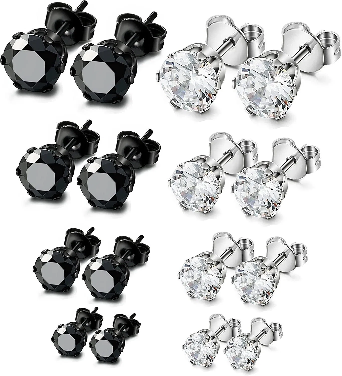 8 Pairs Stainless Stud Earrings For Mens Womens Clear Cubic Zirconia Inlaid; 3mm-6mm - Grocery