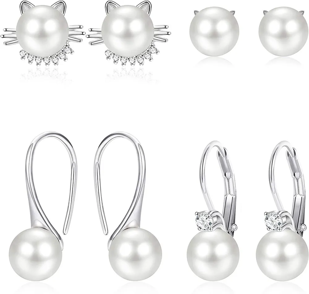 Cat Earrings Freshwater Pearl Cat Stud Earrings White Pearl Dangle Drop Earrings for Women 4 Pairs a Set - Grocery