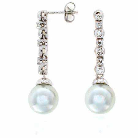 Sterling Silver Simulated Diamond CZ Glass Simulated Pearl Drop Bridal/Wedding Earrings - Grocery