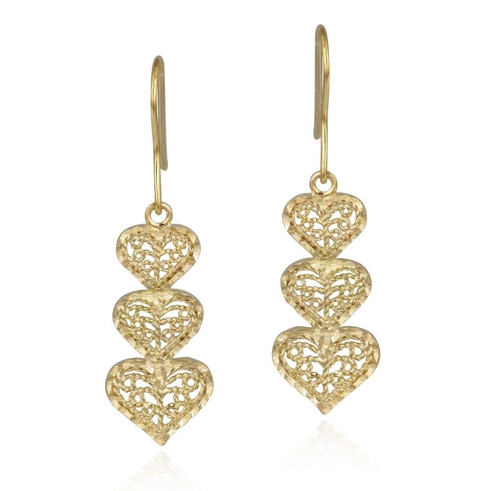 18K Gold over Sterling Silver Filigree Three Heart Drop Earrings - Grocery