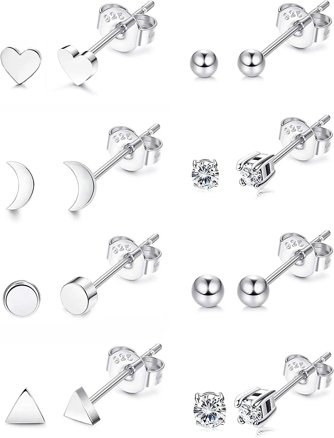 8 Pairs 925 Sterling Stud Geometric Earrings Set for Women Cute Triangle Heart CZ Ball Dot Moon Stud Earrings Set - Grocery