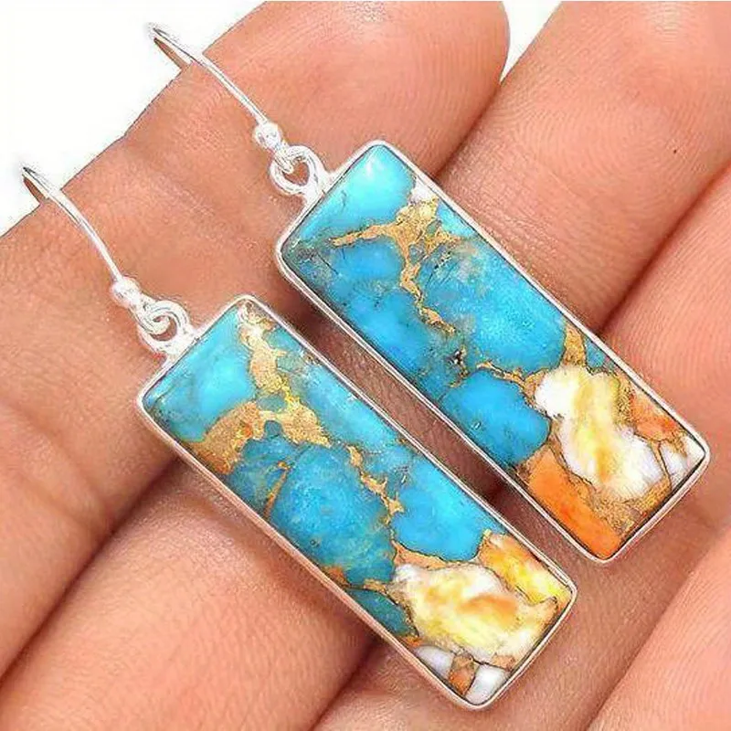 Silver Plated Natural Turquoise Natural Gemstones Earrings Wedding Engagement Bride Jewelry - Grocery