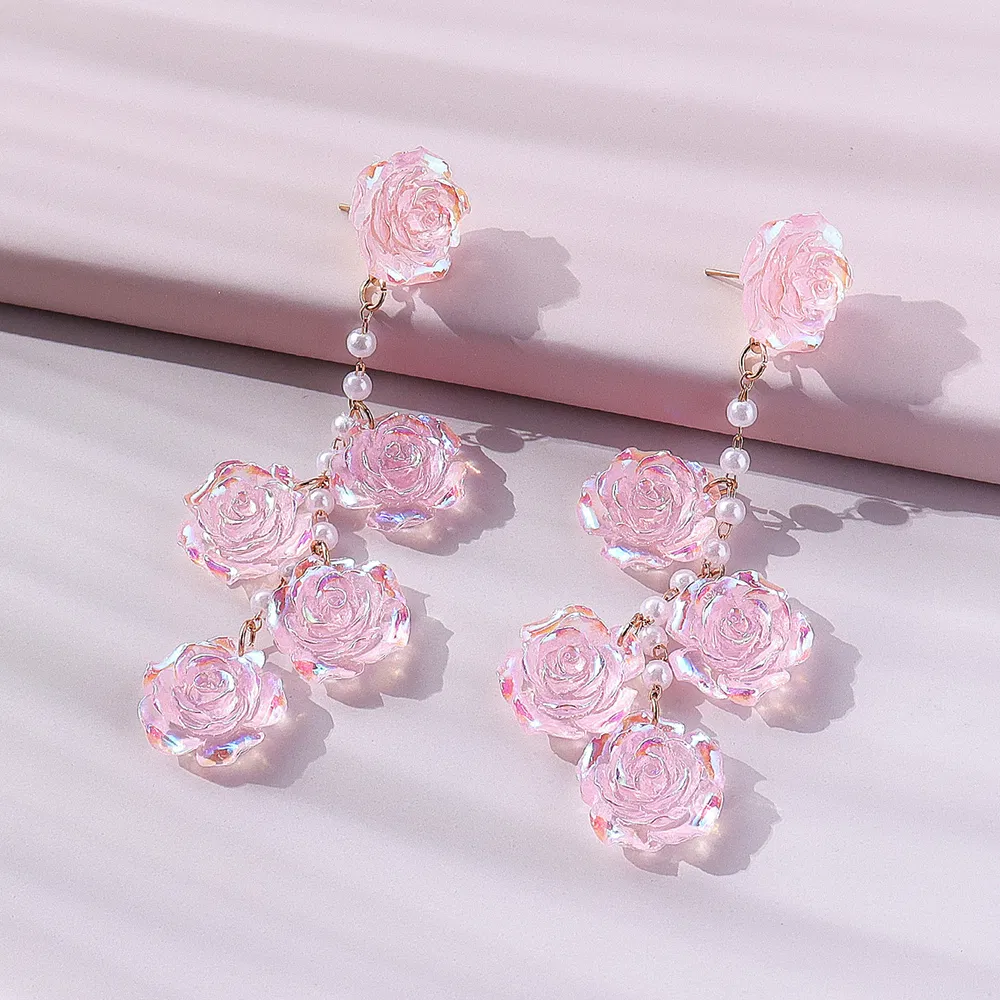 Elegant Pink Rose Flower Long Earrings With Faux Pearl Floral Ear Jewelry - Grocery