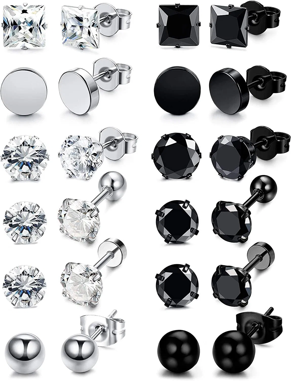 12 Pairs Stainless Steel Black White Stud Earrings for Men Women Cool CZ Ear Piercing Earring Jewelry 3-8mm - Grocery