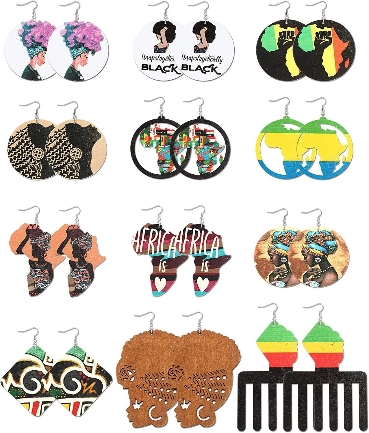 12 Pairs African Map Wooden Earrings African Women Round Dangle Earrings Set Lightweight Ethnic Style Earrings For Women Birthday Christmas - Grocery