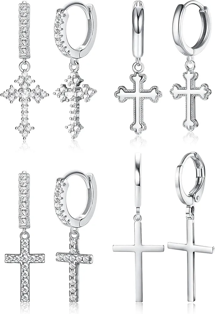 4 Pairs Cross Huggie Earrings Small Hoop CZ Cross Earrings for Women Men Minimalist Cross Charm Dangle Drop Earring - Grocery