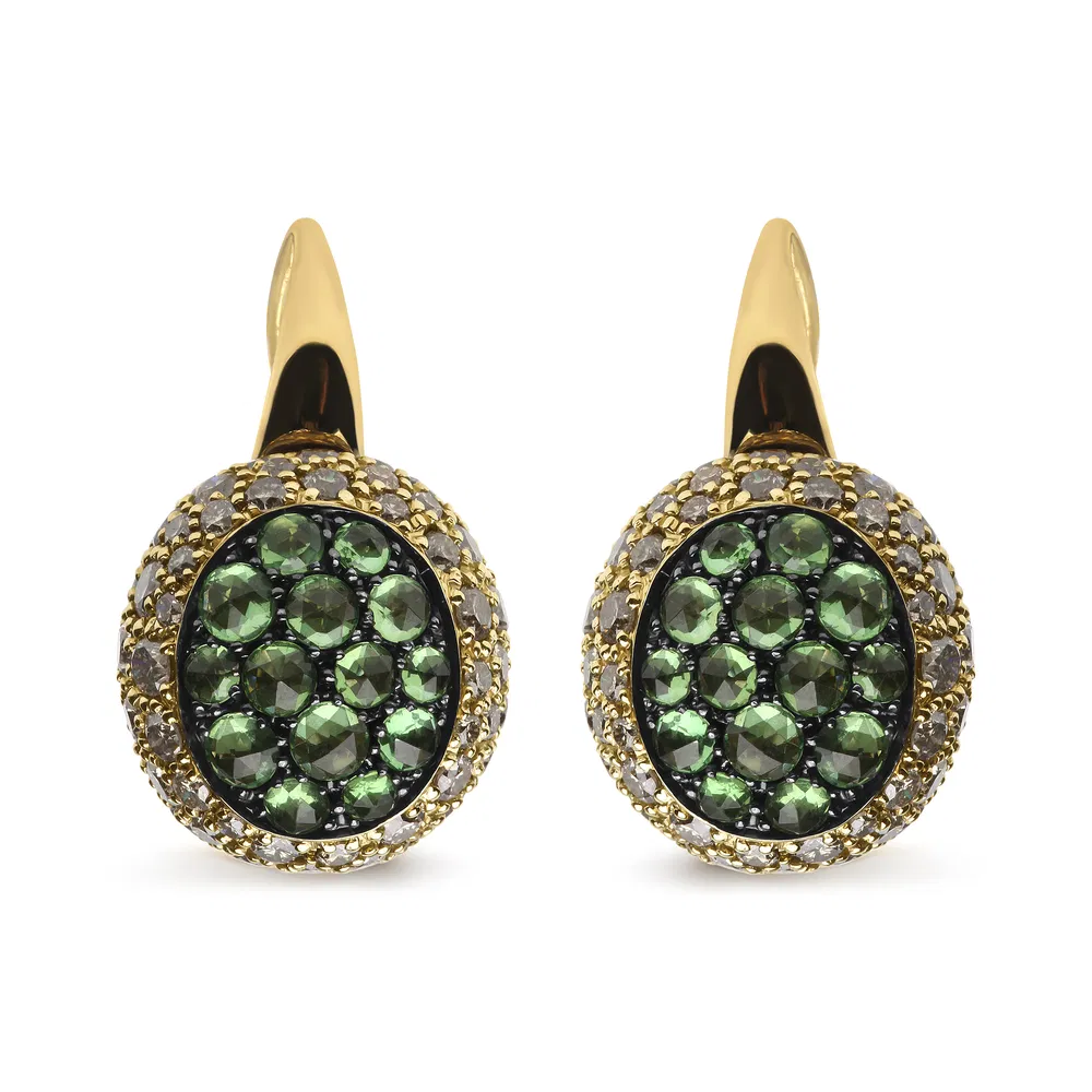 18K Yellow Gold 3 1/2 Cttw Diamond and Round Green Tsavorite Gemstone Round Domed Drop Hoop Earrings (Brown Color, SI1-SI2 Clarity) - Grocery