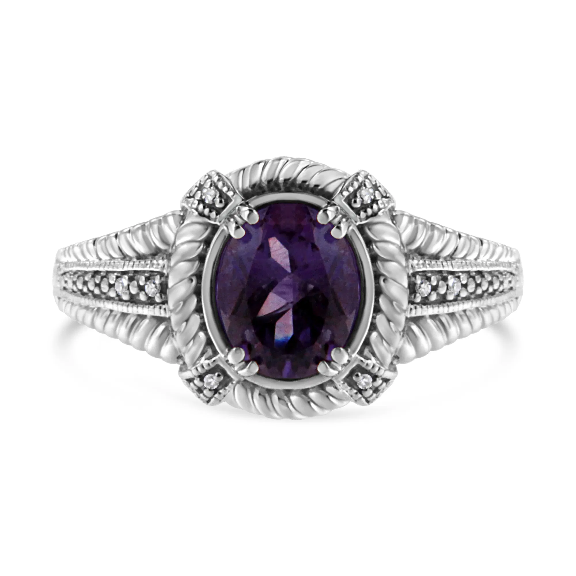 .925 Sterling Silver Prong Set Natural Oval Shape 9X7 MM Purple Amethyst Solitaire and Diamond Accent Ring (I-J Color, I1-I2 Clarity) - Grocery