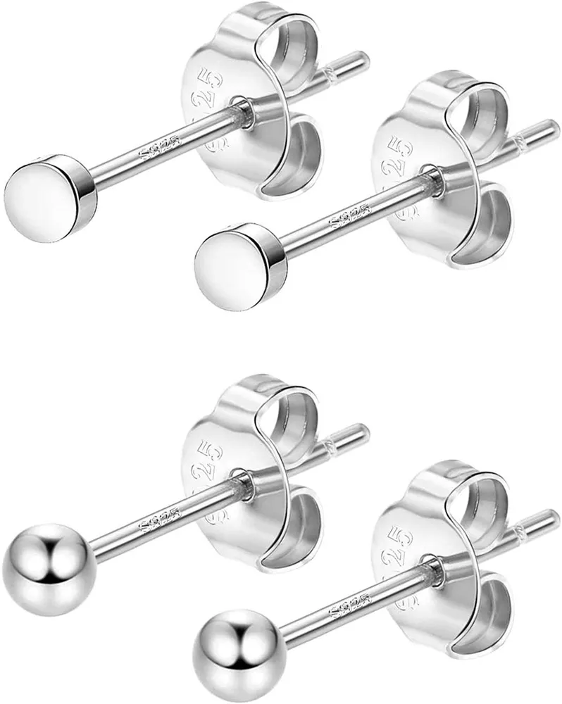 2 Pairs Ball Tiny Stud Earrings Sets For Women Men Dot Earrings Sterling Silver 4mm - Grocery