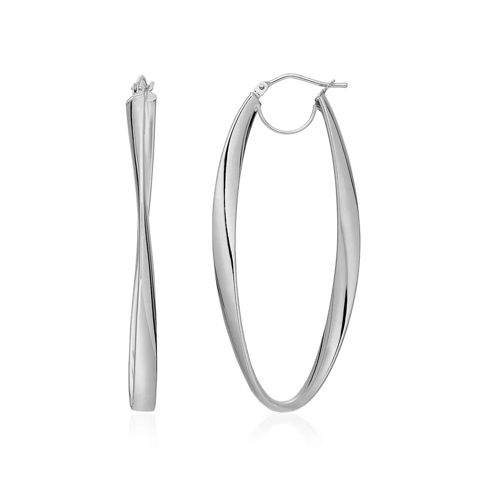 14k White Gold Twist Motif Oval Shape Hoop Earrings - Grocery