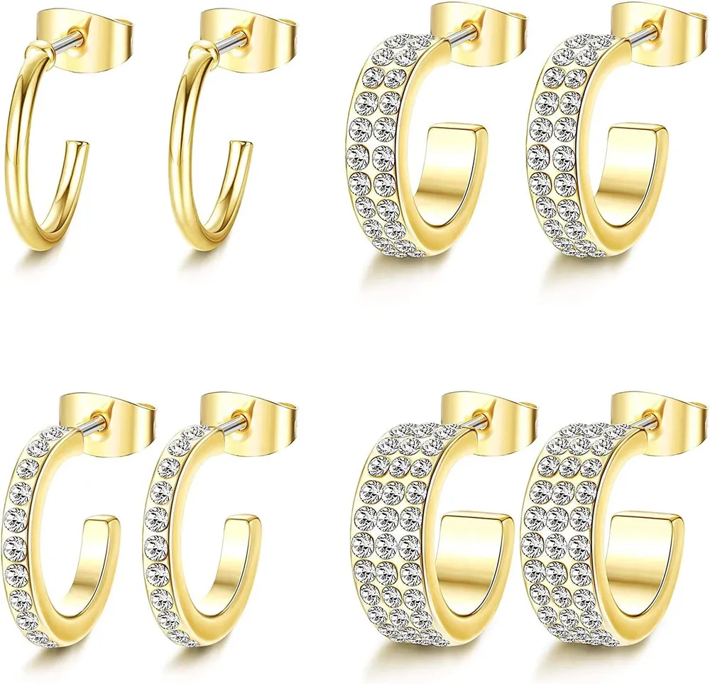 4 Pairs Gold Colored Chunky Open Hoops Earrings Cubic Zirconia Small Huggie Earrings Mini Cuff Loop Earrings Set for Women - Grocery