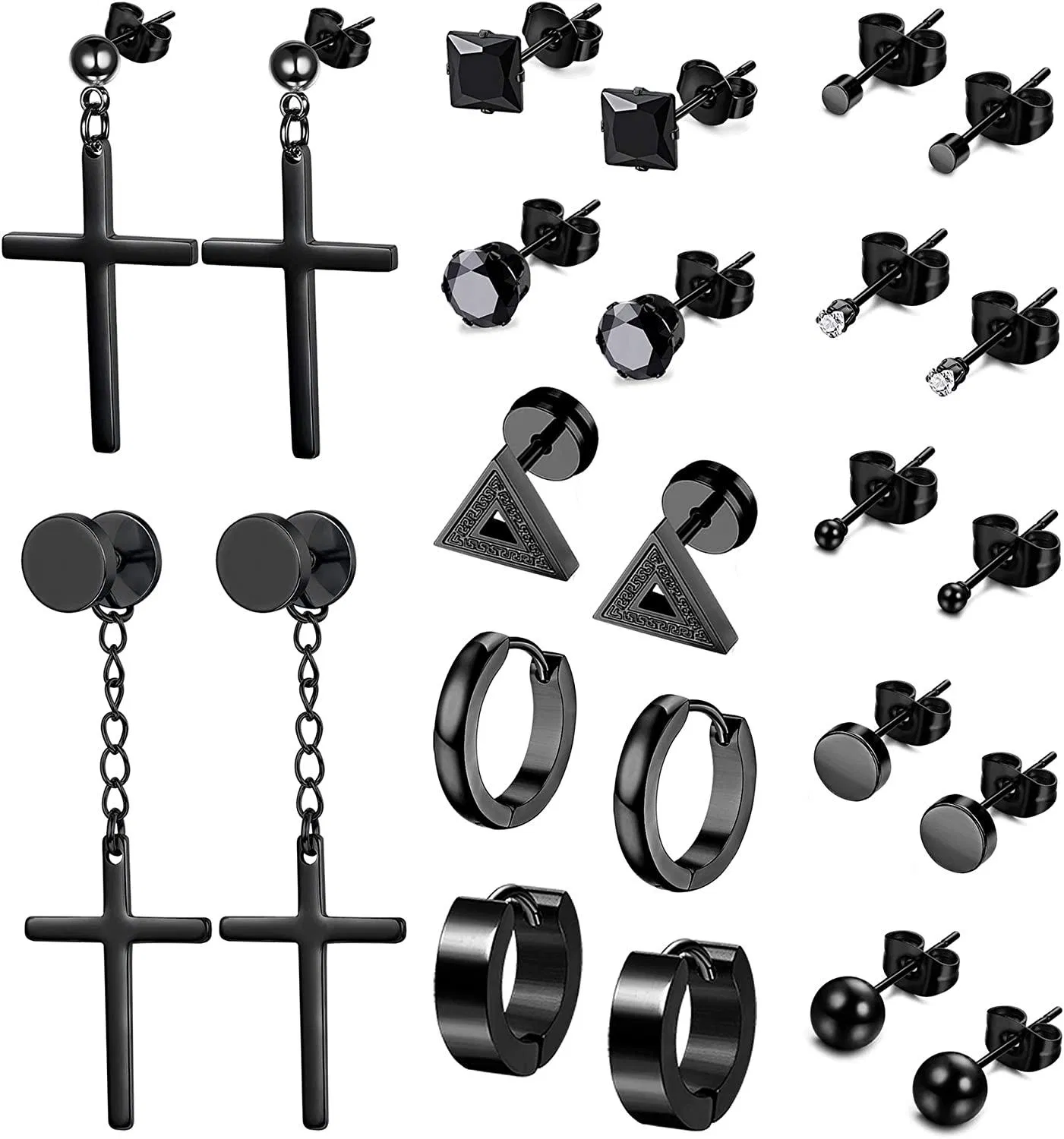 12Pairs Stainless Steel Stud Earrings for Mens Women Cross Dangle Earrings Tiny CZ Ball Hoop Huggie Earrings Set - Grocery