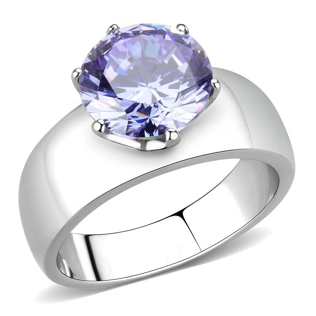 TK52006 - High polished (no plating) Stainless Steel Ring with AAA Grade CZ in Light Amethyst - Grocery