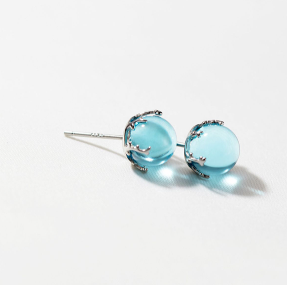 S925 Silver Fresh Blue Geometric Round Ball Stud Earrings For Women - Grocery