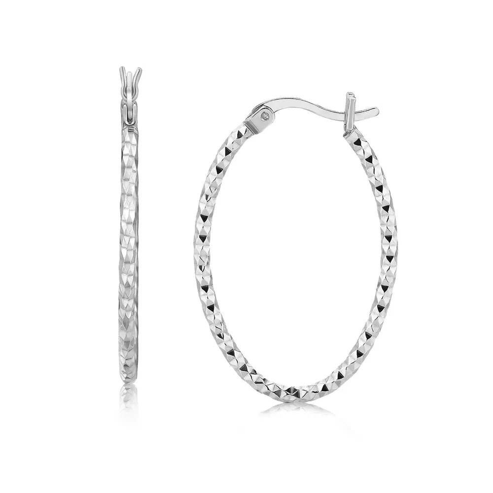 Sterling Silver Rhodium Plated Textured Diamond Cut Classic Hoop Earrings(2x25mm) - Grocery